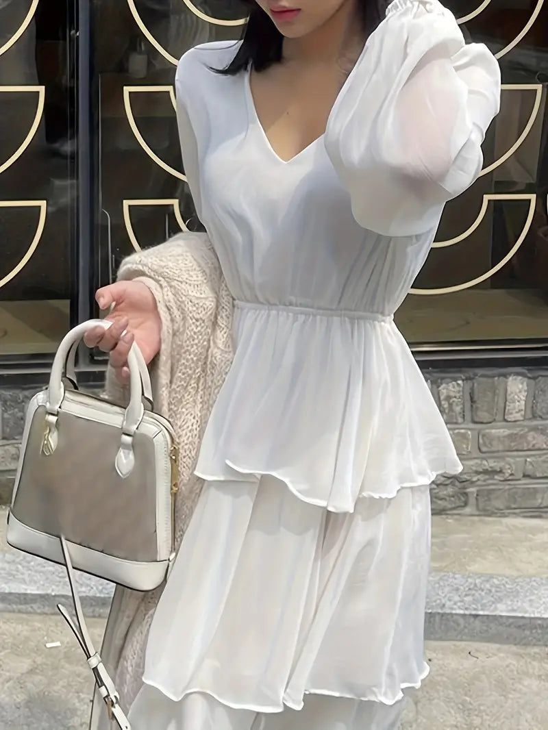 White V Neck Long Sleeve Maxi Ruffle Layered Dress