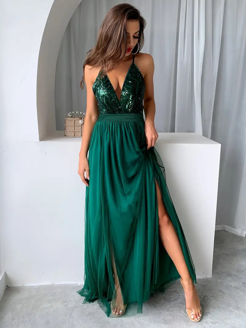 Green Sequin V Neck Tulle Slit Maxi Dress