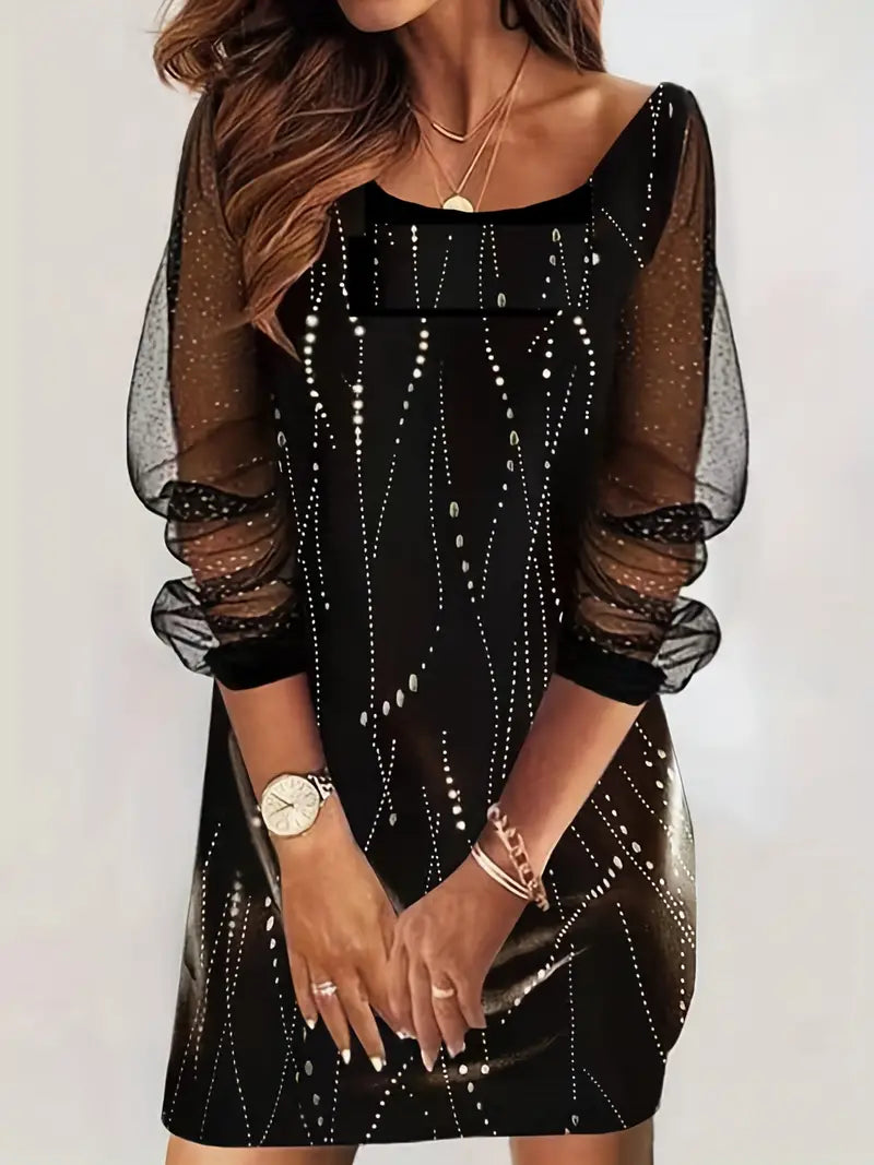 Black Casual Crew Neck Long Sleeve Sequin Dress