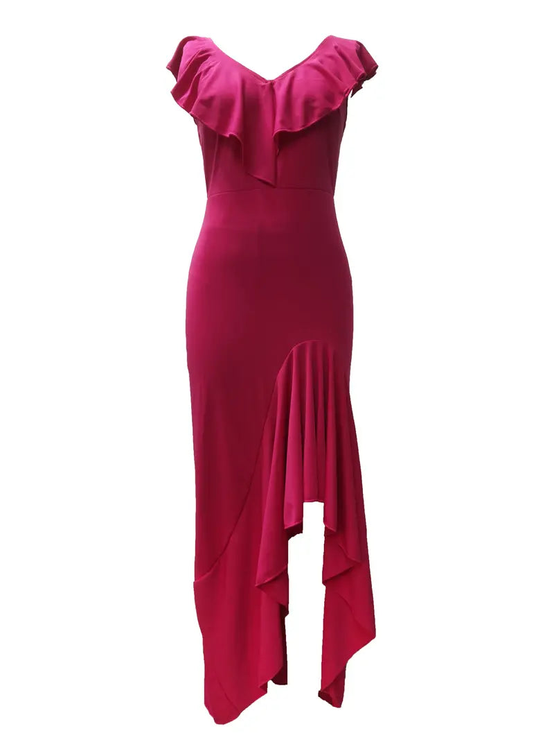 Fuchsia Off Shoulder Ruffle Hem Maxi Party Dress