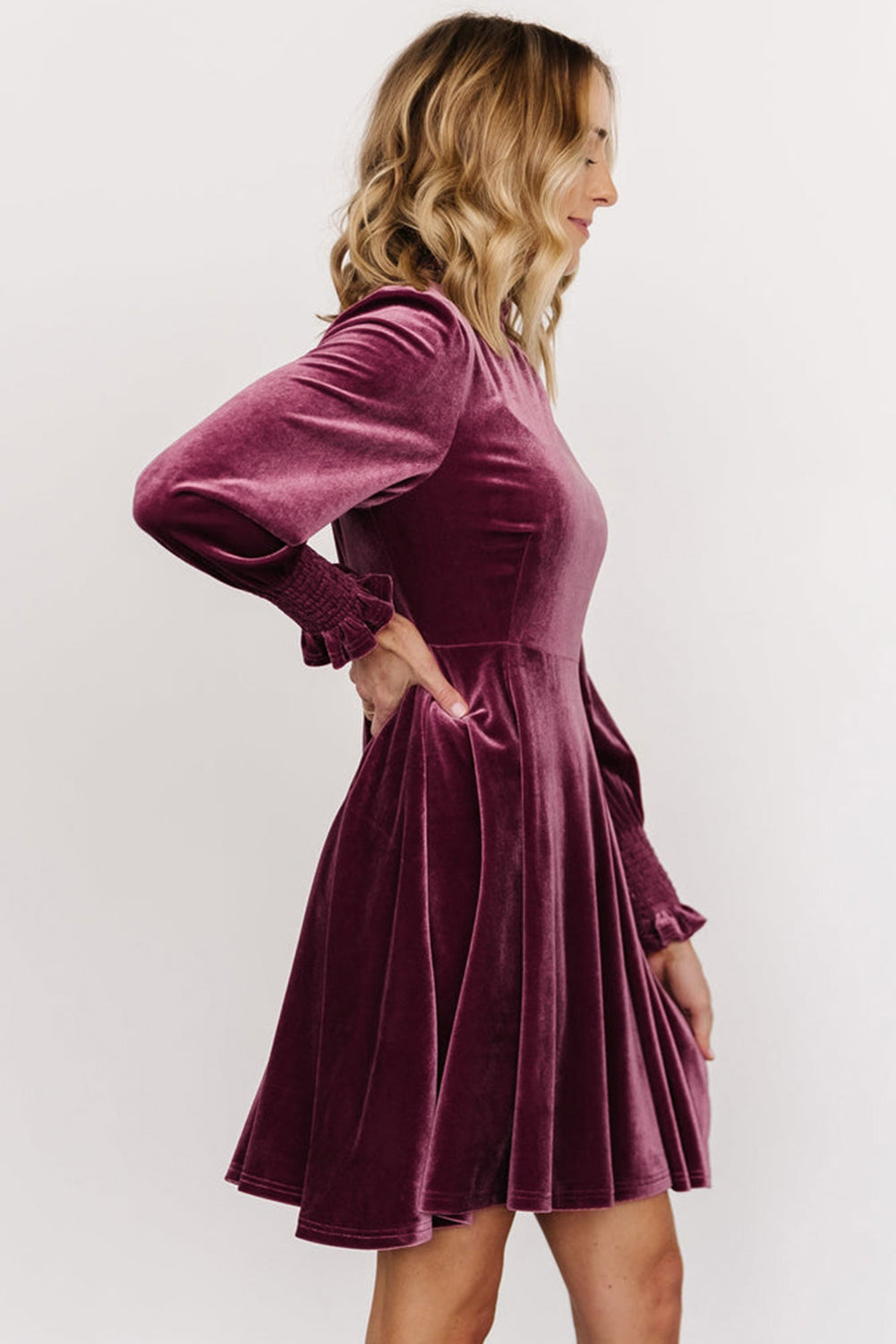 Burgundy Long Sleeve Dress, Smocked High Neck Flounce Sleeve Velvet Dress