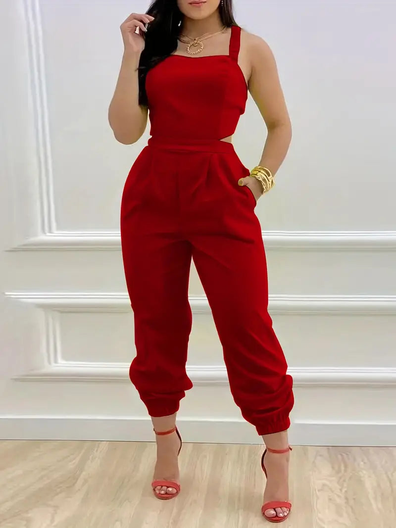 Burgundy Backless Slant Pocket Jumpsuit