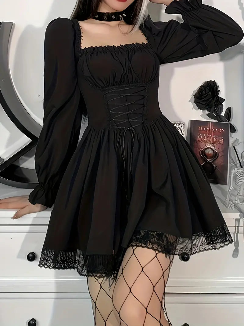 Gothic Ruffle Lace Up Square Neck Flared Dress