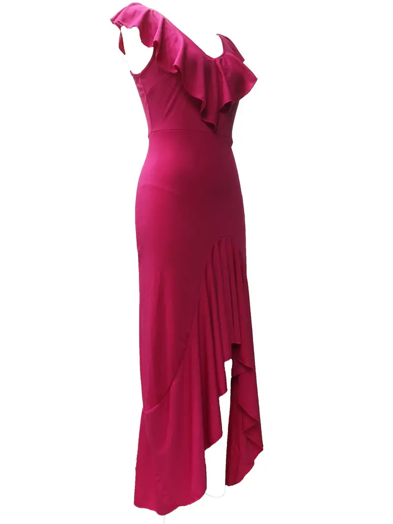 Fuchsia Off Shoulder Ruffle Hem Maxi Party Dress