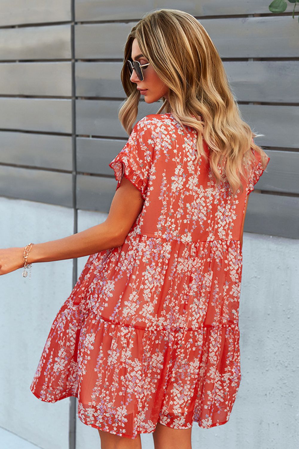 Printed V-Neck Short Sleeve Tiered Casual Dress