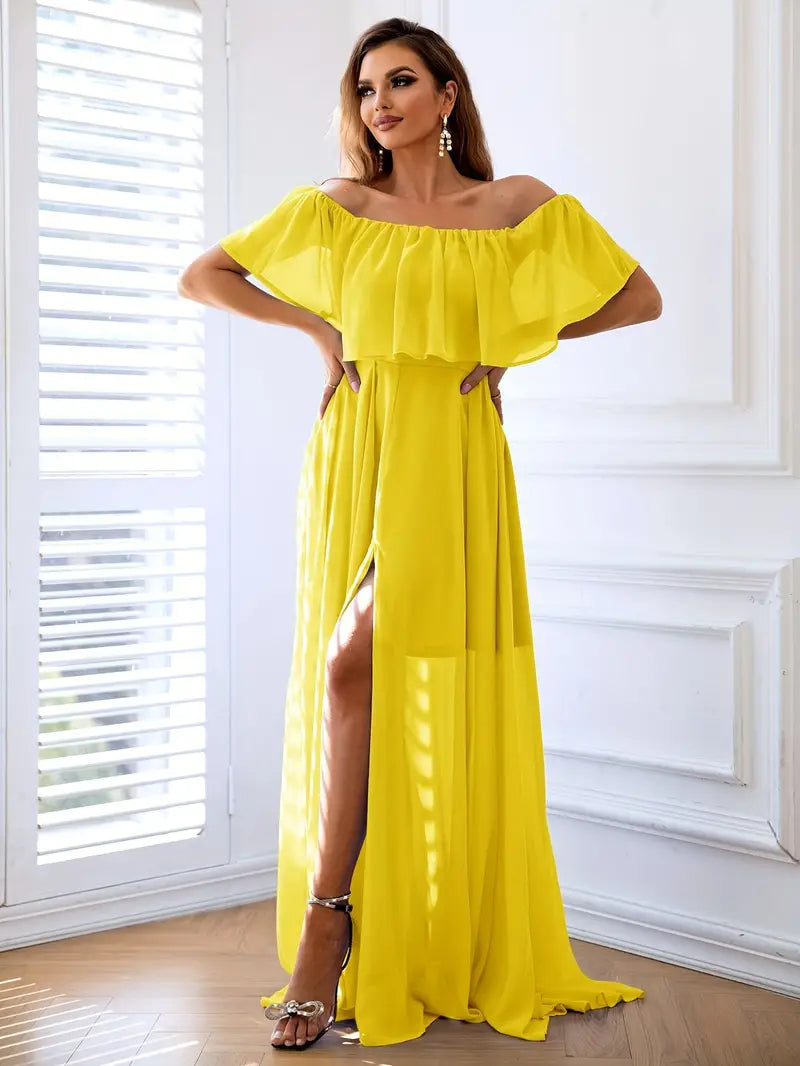 Chiffon Ruffles Blue Off Shoulder Maxi Dress