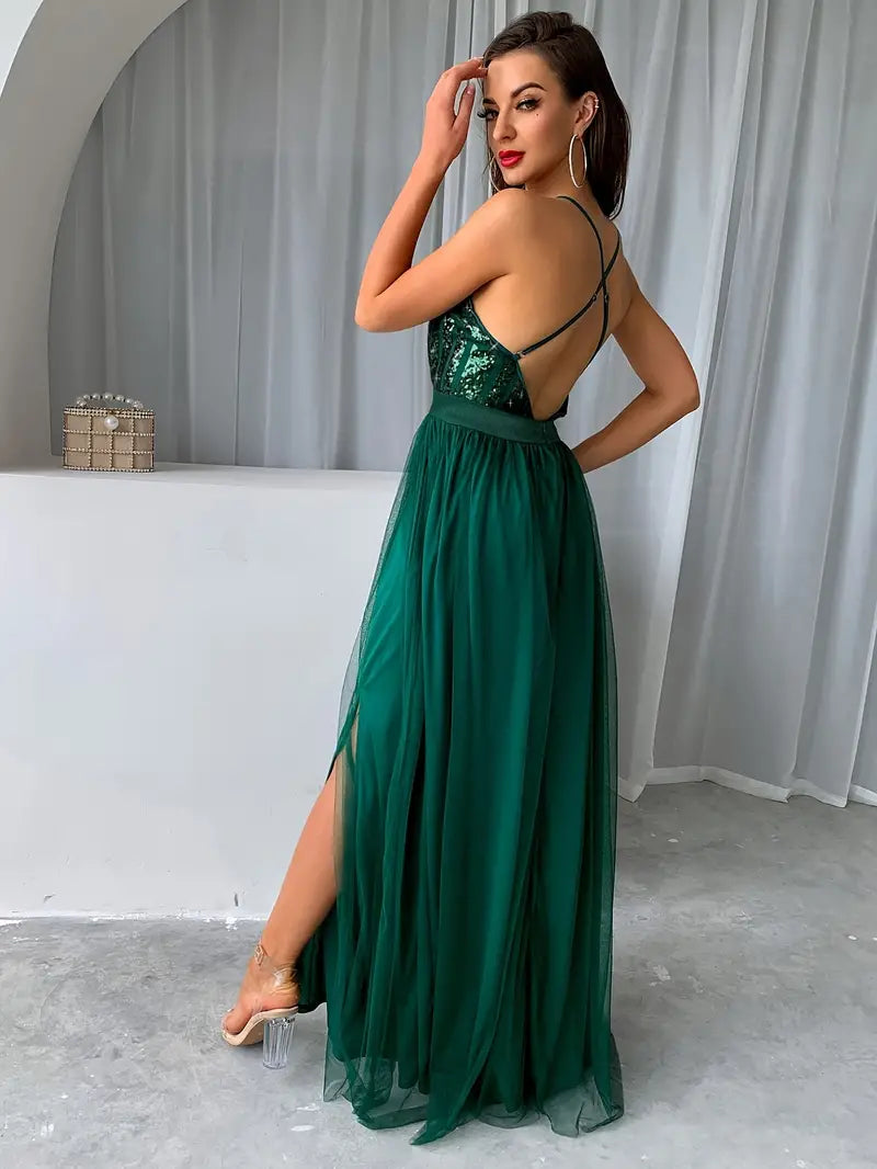 Green Sequin V Neck Tulle Slit Maxi Dress