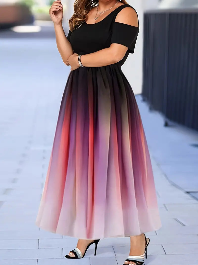 Ombre Print Cold Shoulder Plus Size Maxi Dress