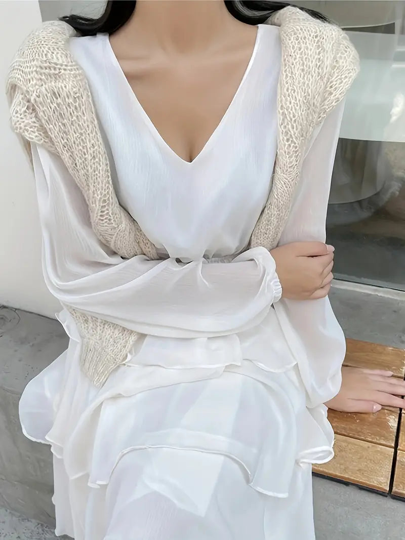 White V Neck Long Sleeve Maxi Ruffle Layered Dress