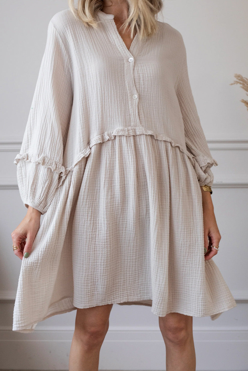 Apricot Frill Trim Half Buttoned Textured Casual Long Sleeve Dress