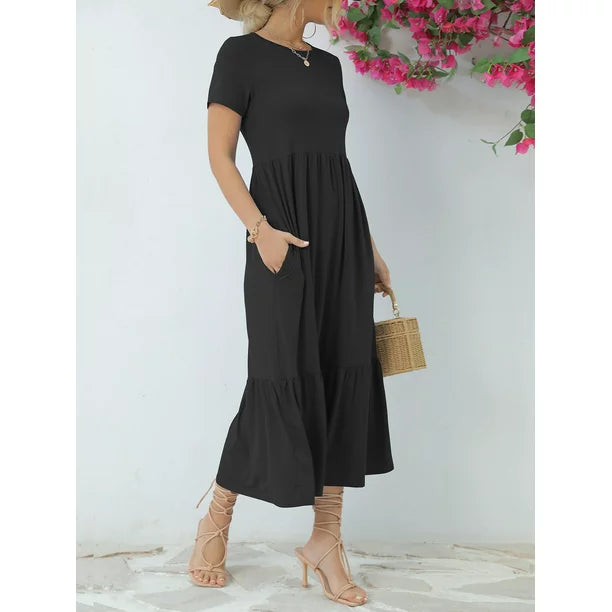 Casual Short Sleeve Tiered Maxi Beach Dress with Pockets