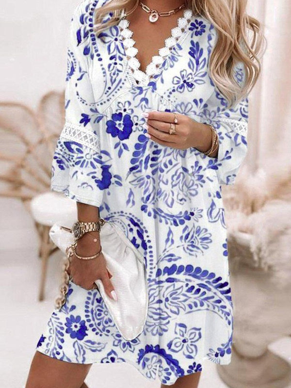 3/4 Sleeve Tunic Swing Casual V Neck Boho Dress