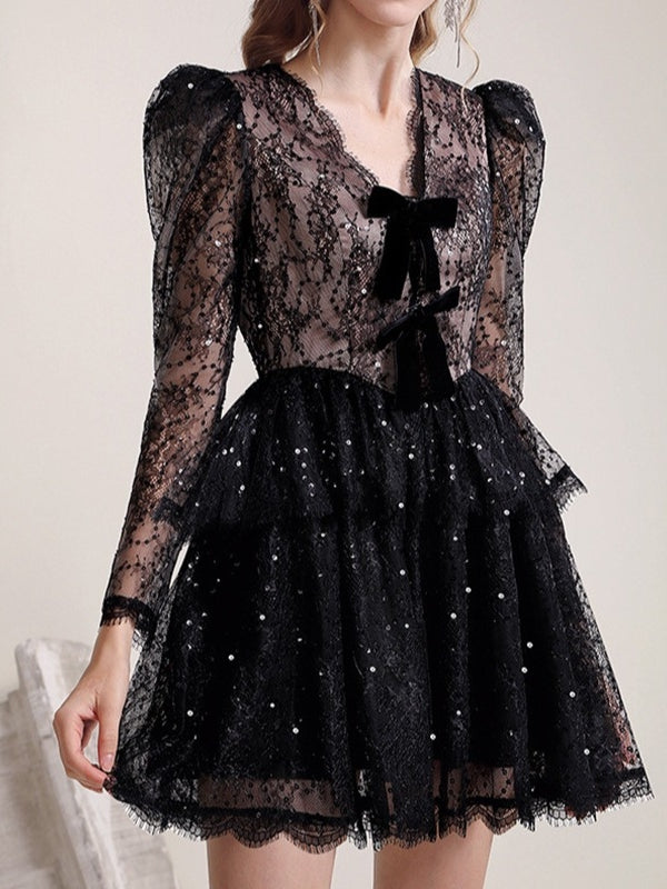 Black Lace Puffy V Neck Party Dress