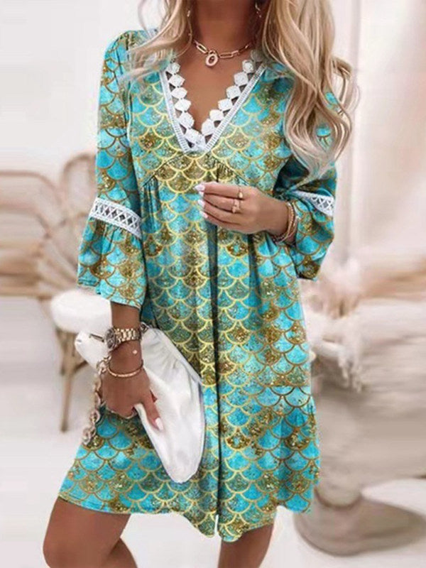 3/4 Sleeve Tunic Swing Casual V Neck Boho Dress