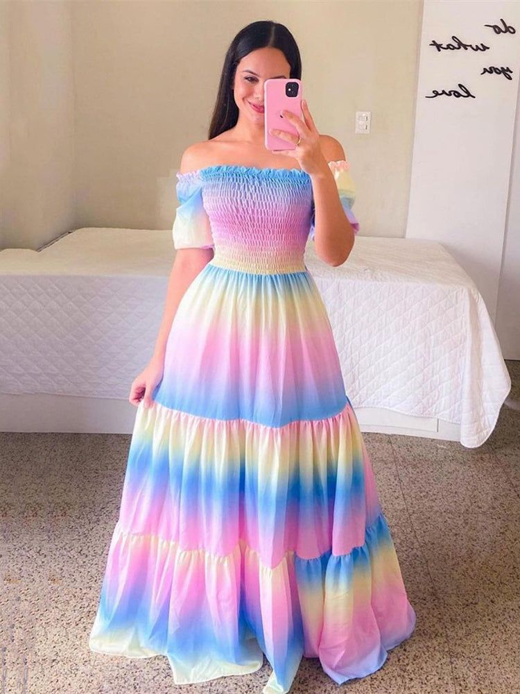 Rainbow Short Sleeve Long Maxi Beach Dress