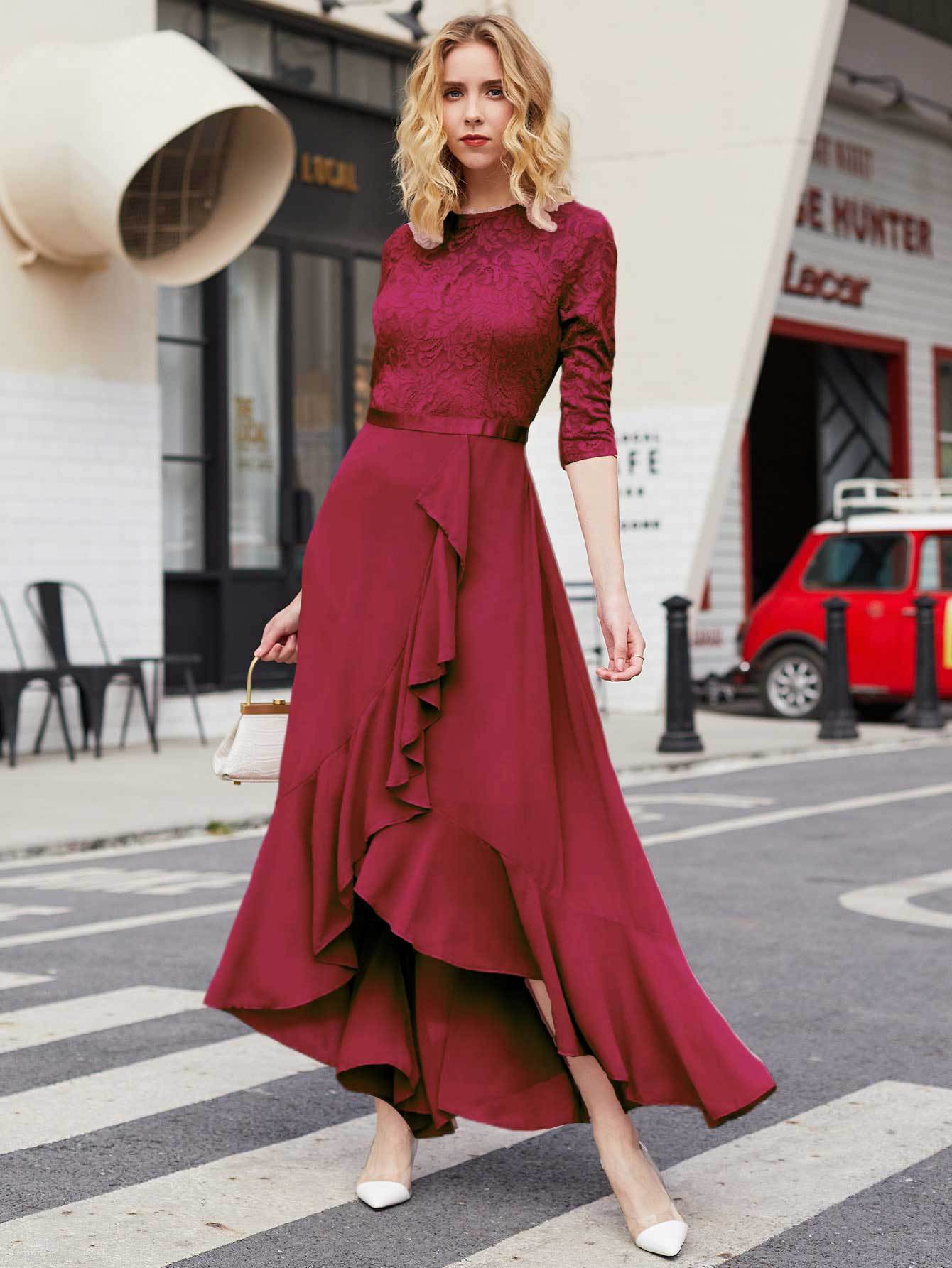 Burgundy Lace Half Sleeve Trim Wrap Prom Dress