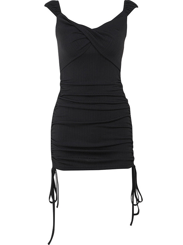 Black Drawstring Side Ruched Bodycon Dress