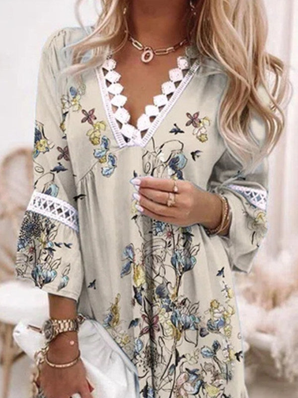 3/4 Sleeve Tunic Swing Casual V Neck Boho Dress