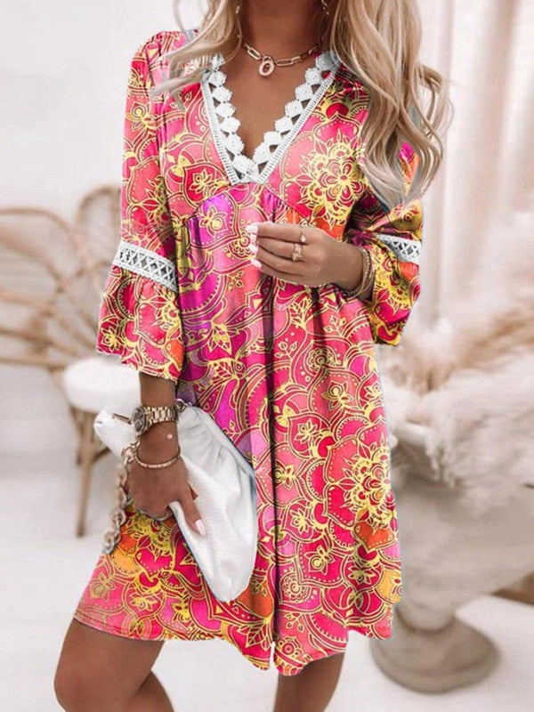 3/4 Sleeve Tunic Swing Casual V Neck Boho Dress