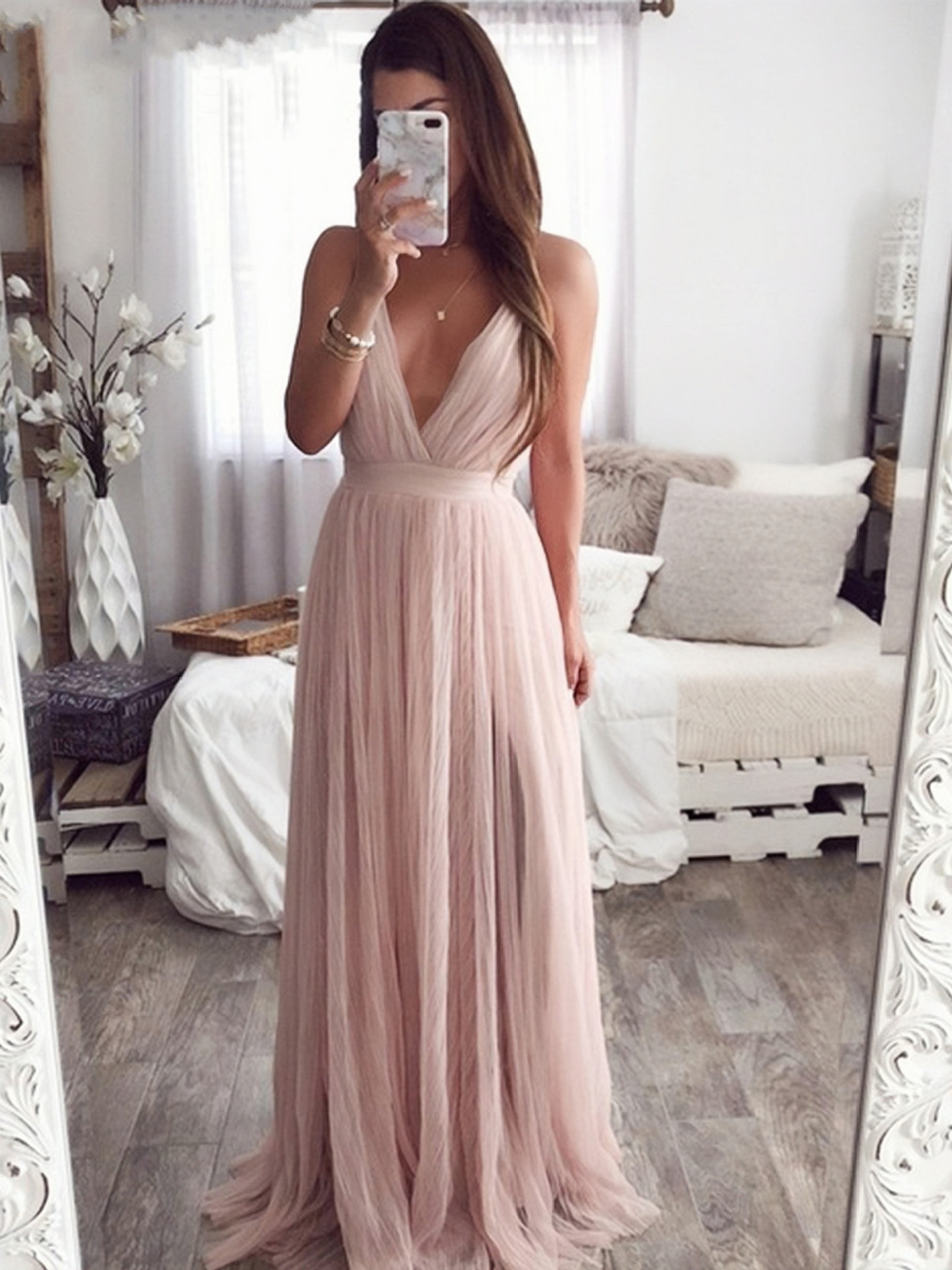 Beach V-neck Chiffon Pink Sheer Maxi Dress