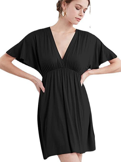 Black Solid Batwing Sleeve Smock Dress