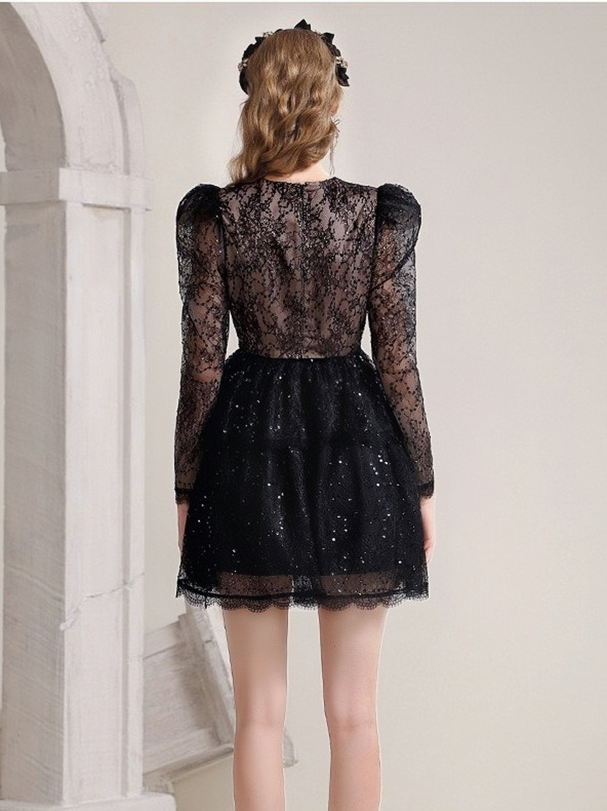 Black Lace Puffy V Neck Party Dress