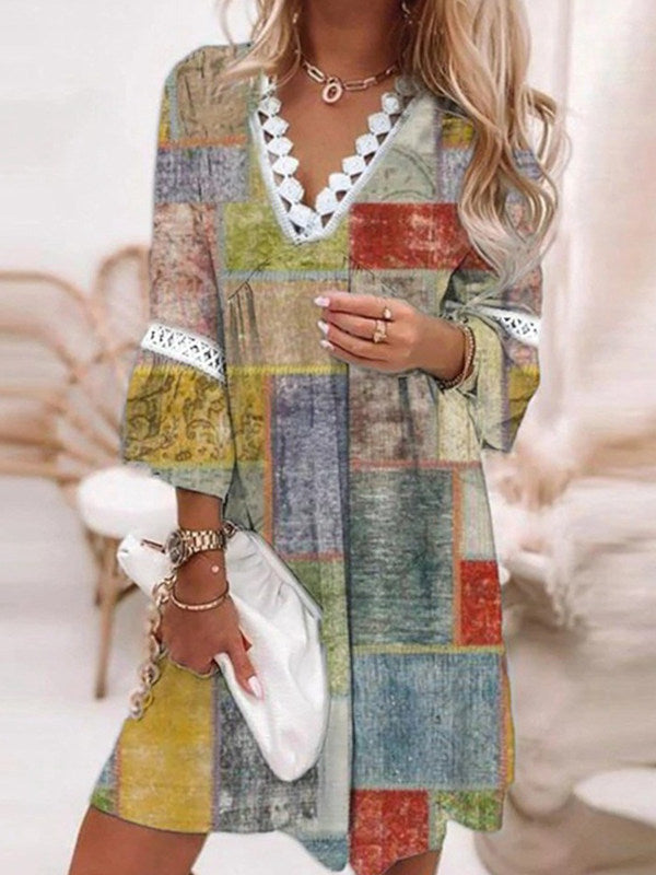 3/4 Sleeve Tunic Swing Casual V Neck Boho Dress