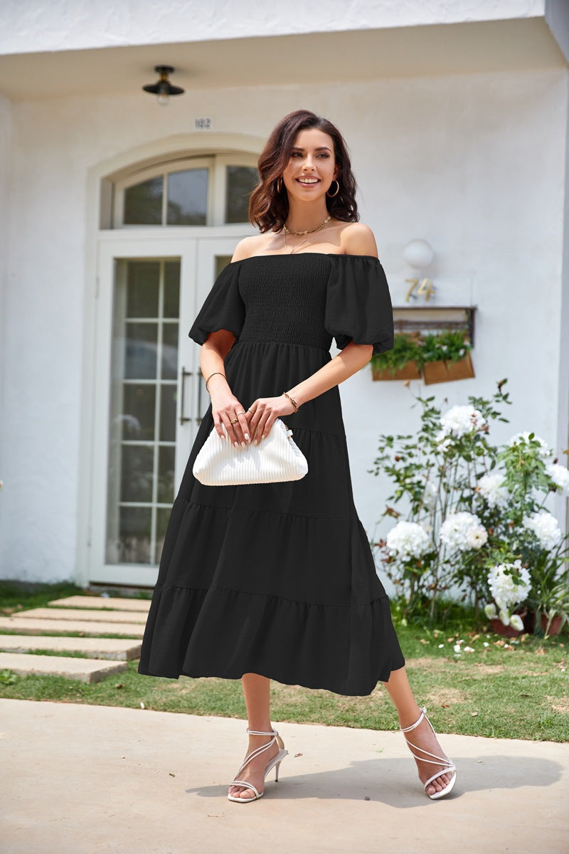 Black Scoop Neck Puff Sleeve Ruffle Hem Dress