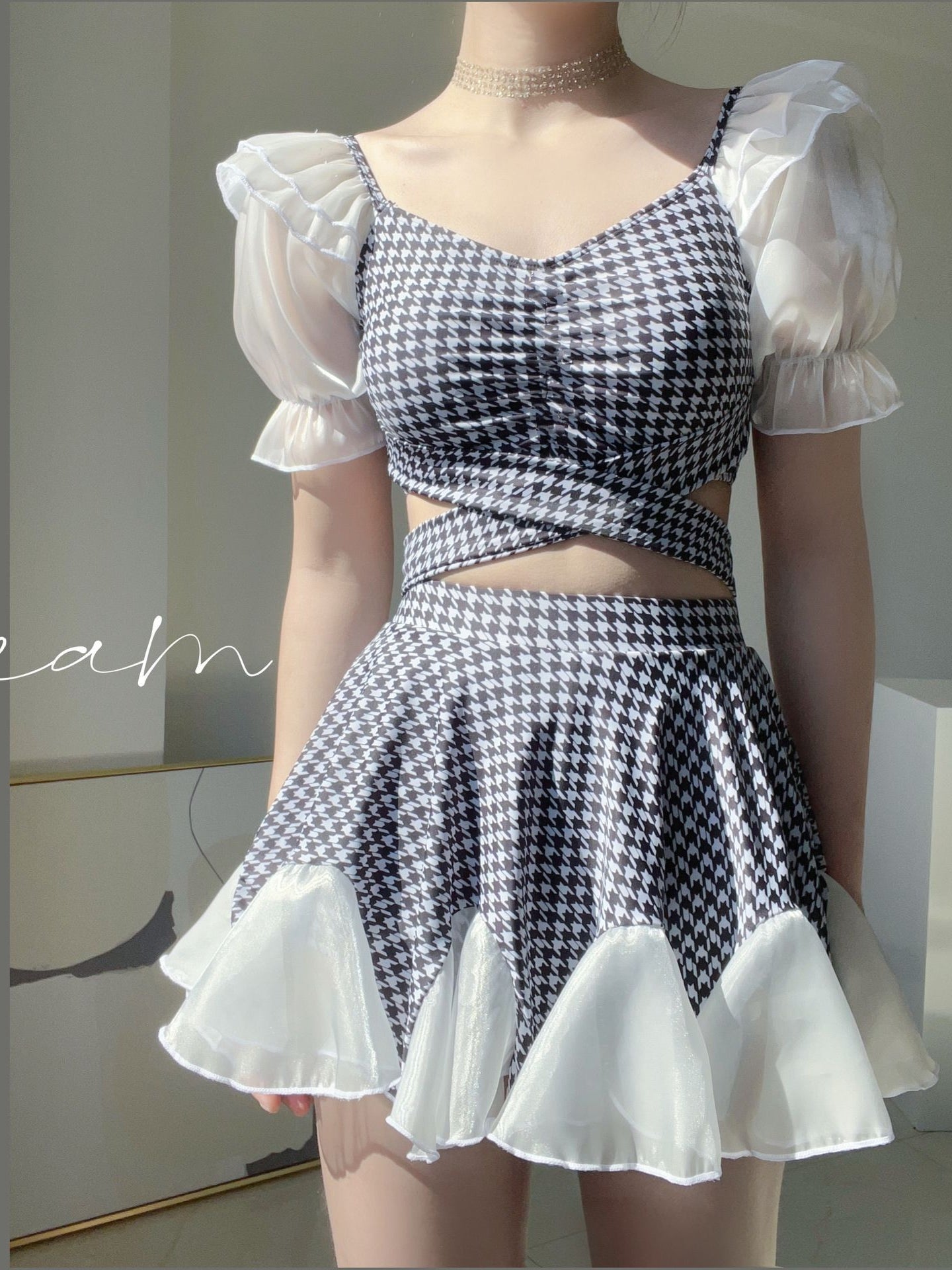 Sweet Lolita Outfits Ruffles Plaid Short Sleeves Swimwear Dress