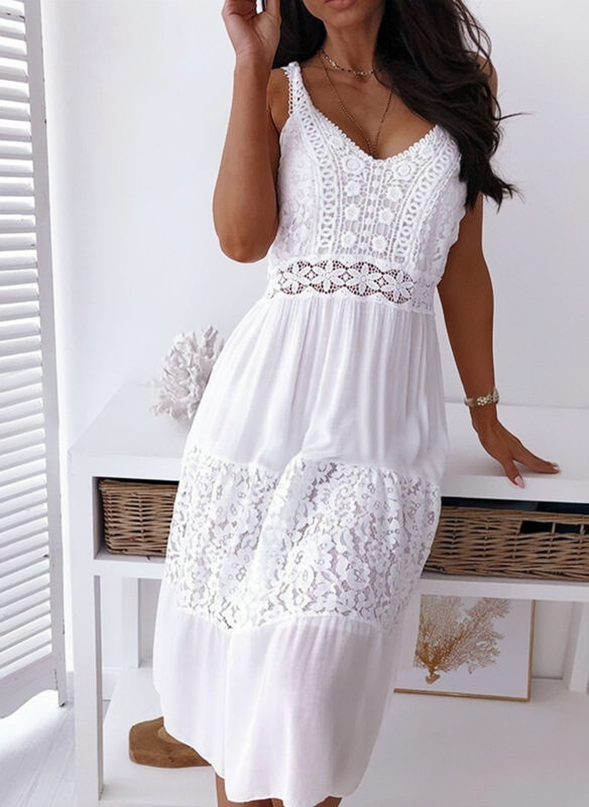 White Backless V Neck Hollow  Lace Dress