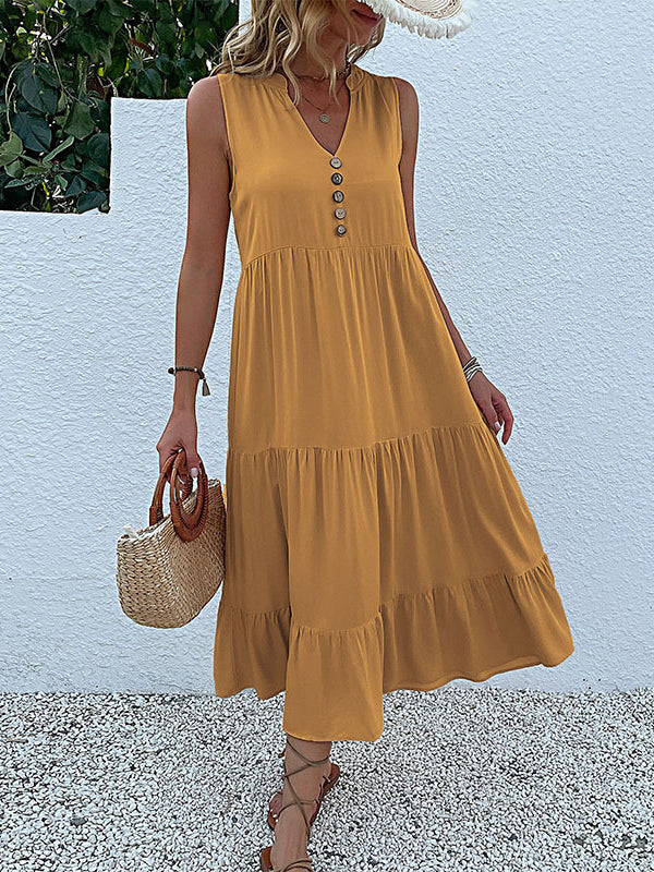 Yellow V Neck Button Layered Hem Smock Dress