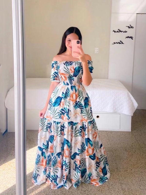 Leaf Print Short Sleeve Long Maxi Beach Dress