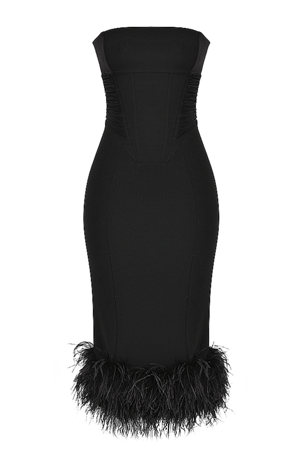 FIONULA BLACK STRAPLESS FEATHER CORSET  MAXI / MIDI DRESS – Black