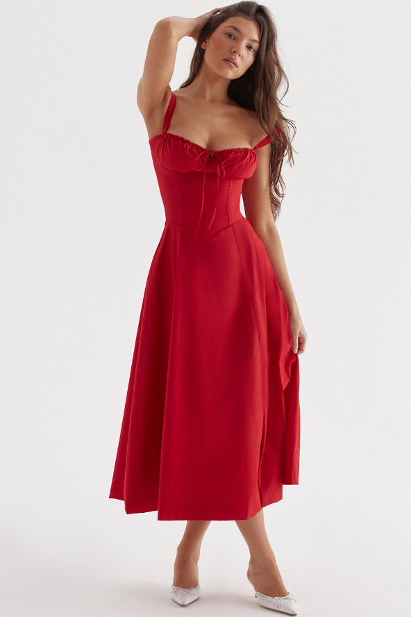 CARMEN RED ROSE  BUSTIER MIDI DRESS  - Dark Red