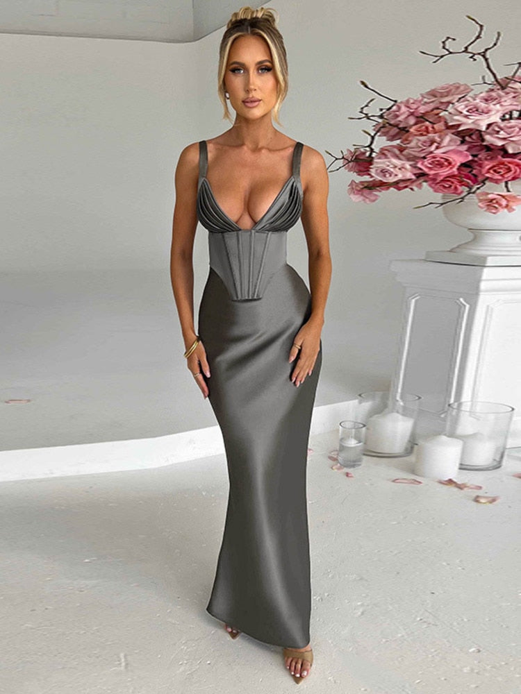 Mozision Satin V Neck Backless Maxi Dress