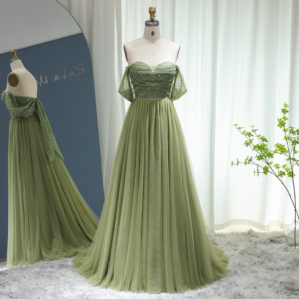 Avery Elegant Off Shoulder Sage Evening Dress