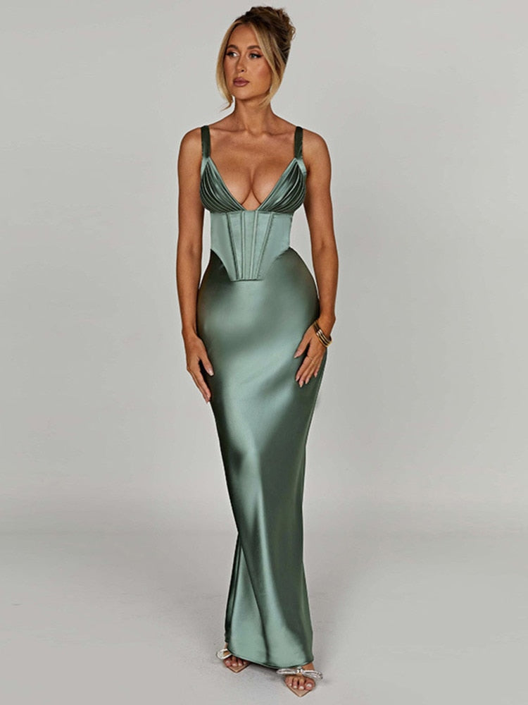 Mozision Satin V Neck Backless Maxi Dress