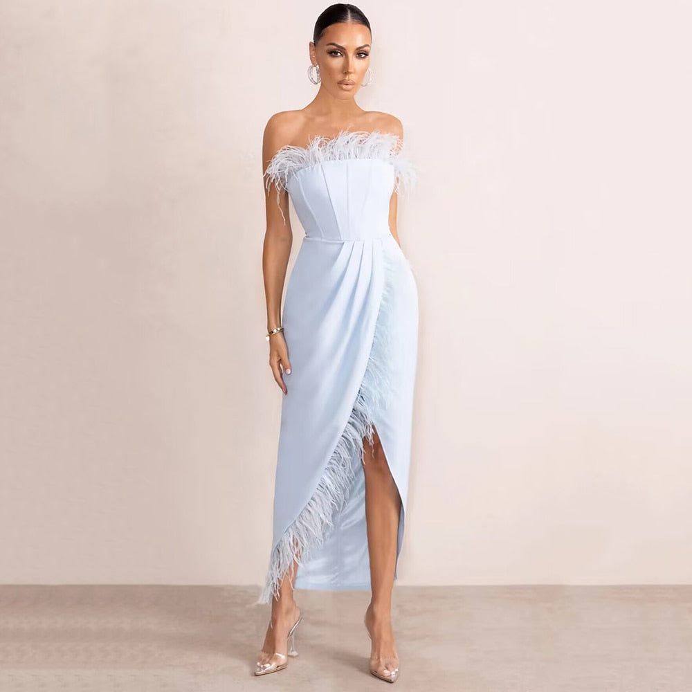 Feather Bandeau Midi Dress