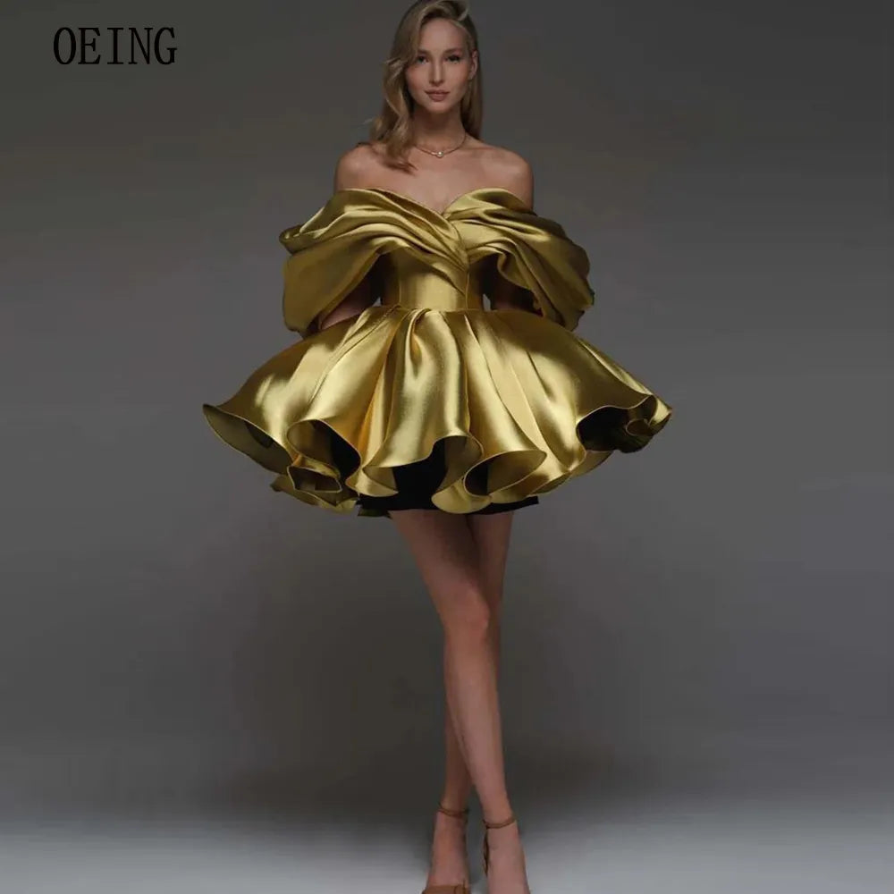 OEING Luxury A-line Off the Shoulder Evening Prom Gowns Draped Corset Back Mini Formal Occasion Party Dresses 2023 Satin Vestido