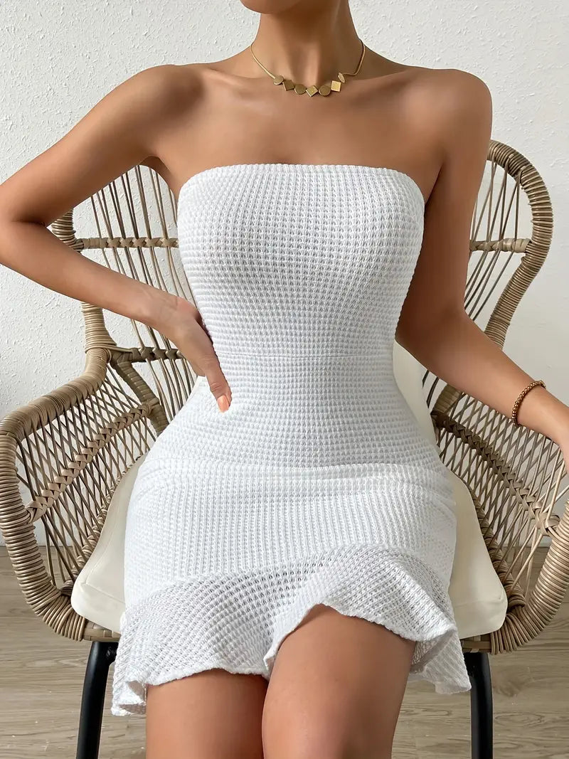 White Off Shoulder Bodycon Waffle Ruffle Hem Dress