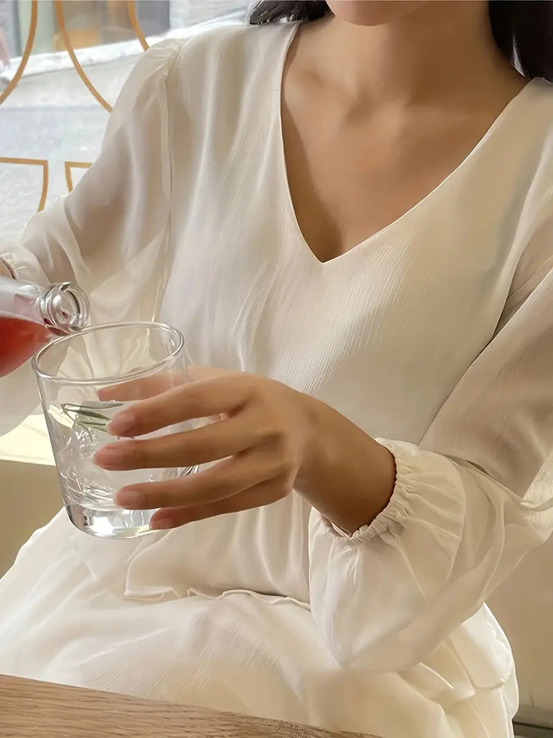 White V Neck Long Sleeve Maxi Ruffle Layered Dress - Image 6