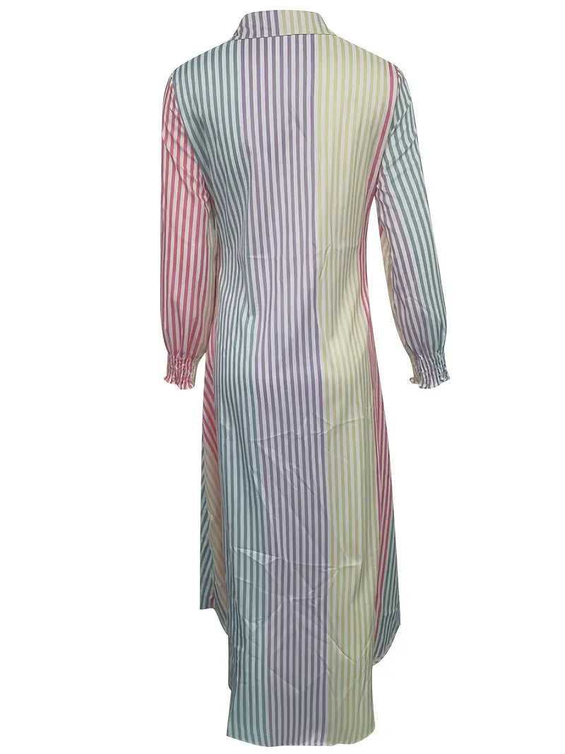 Color Block Striped Casual Long Sleeve Button Down Shirt Dress