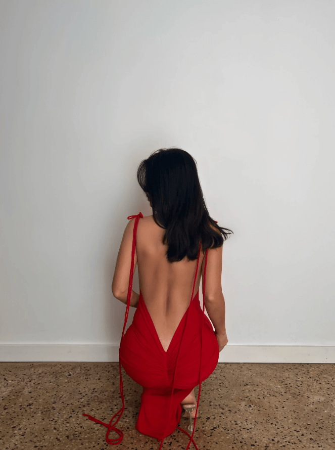 AZARI RED RUCHED  BACKLESS MAXI DRESS – Red