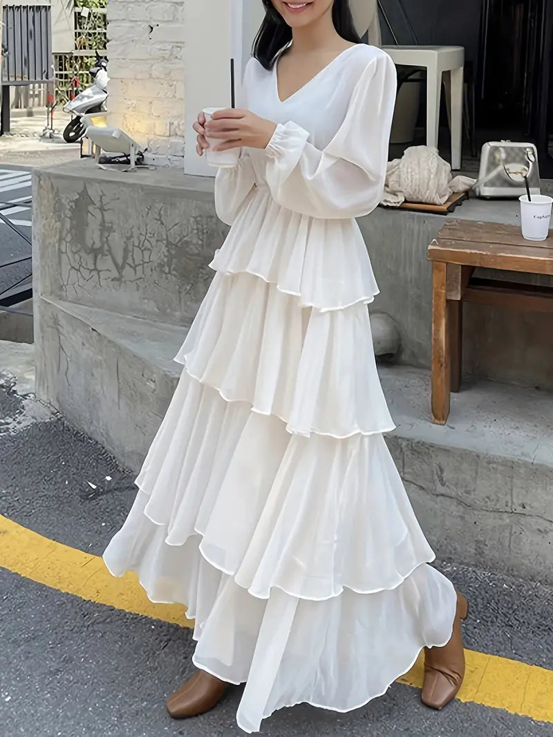 White V Neck Long Sleeve Maxi Ruffle Layered Dress