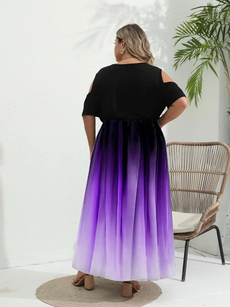Ombre Print Cold Shoulder Plus Size Maxi Dress