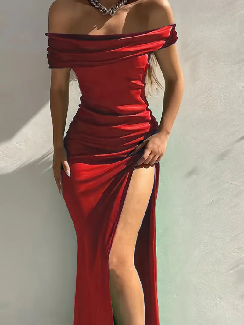 Off Shoulder Slit Burgundy Bodycon Maxi Dress