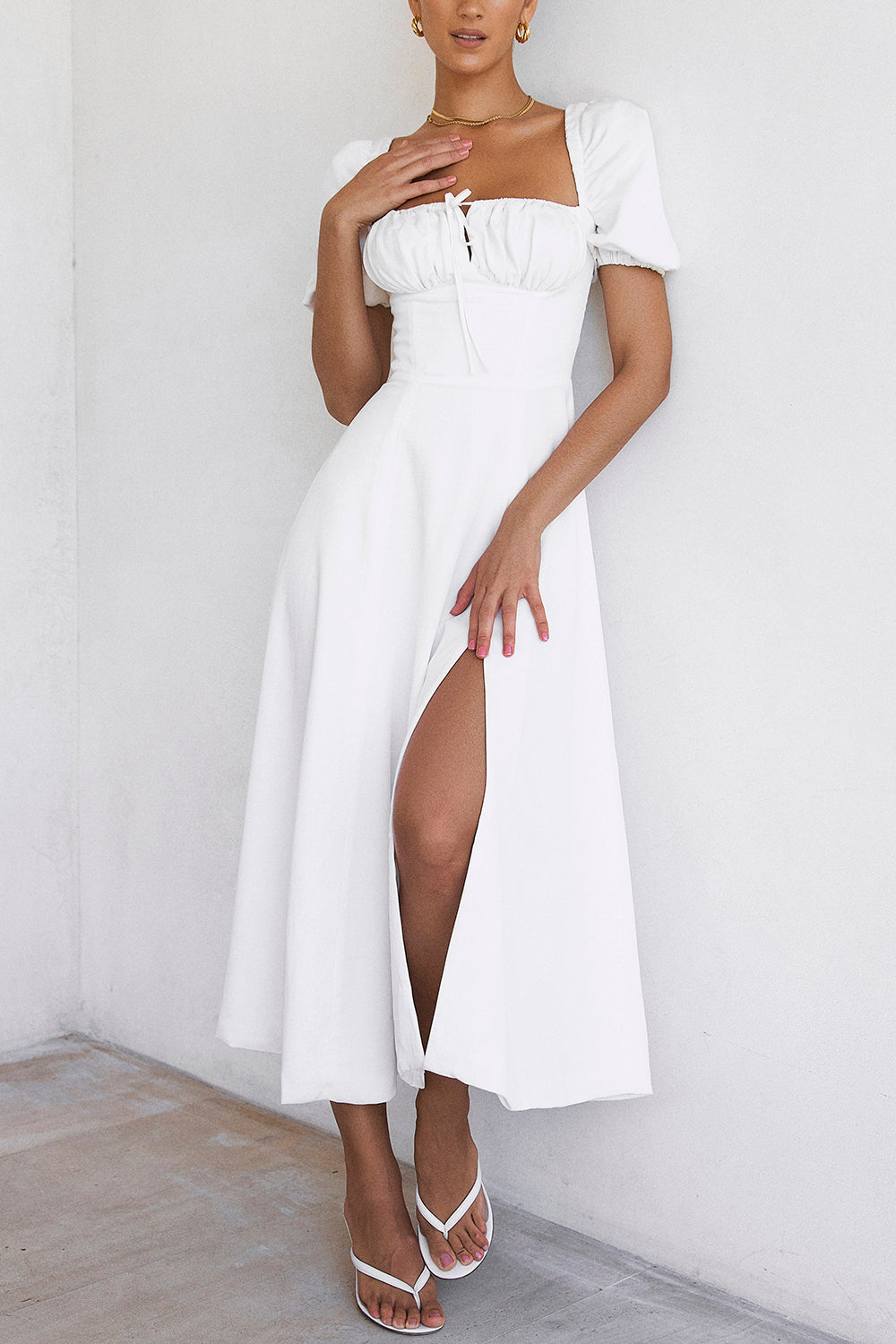 TALLULAH WHITE PUFF SLEEVE MIDI DRESS  – White