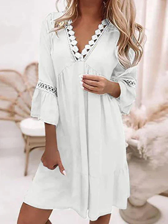 3/4 Sleeve Tunic Swing Casual V Neck Boho Dress