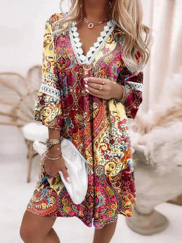 3/4 Sleeve Tunic Swing Casual V Neck Boho Dress