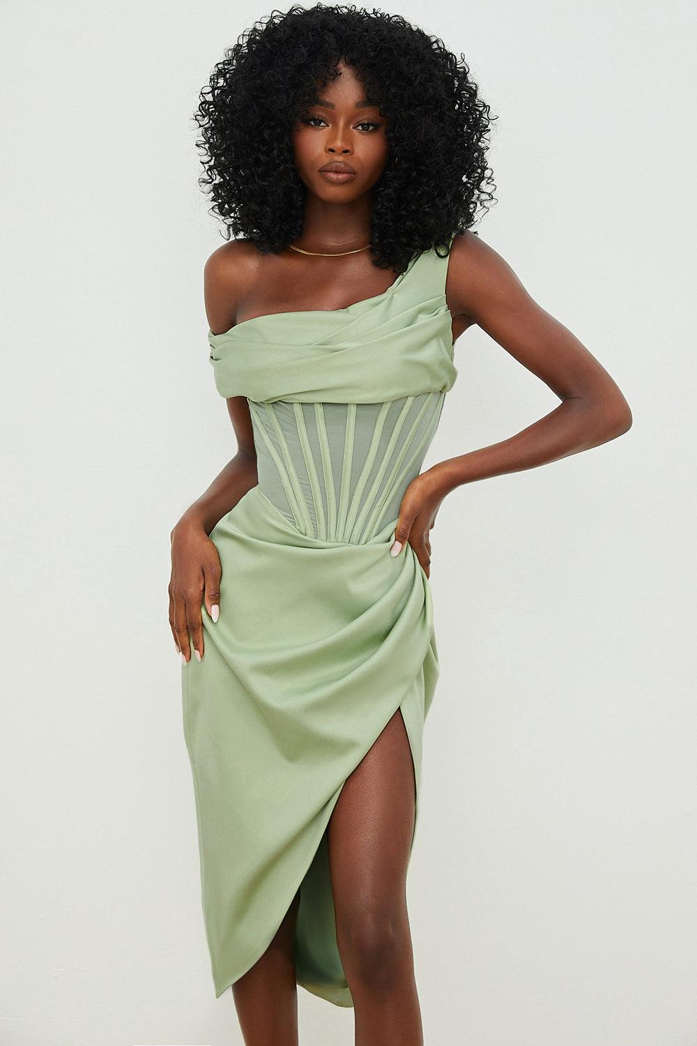 LULU Asymmetric Drape Midi Corset Dress – Green